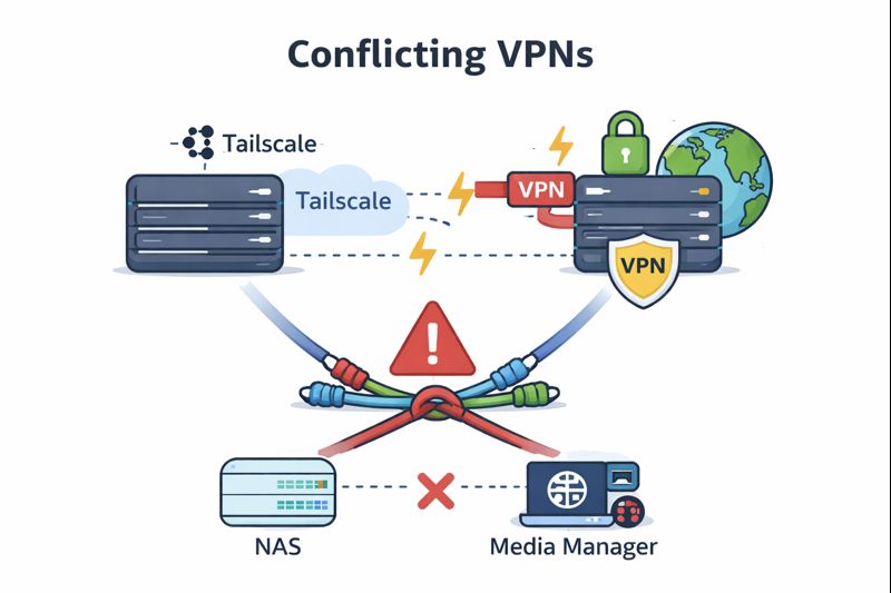 Diagram showing conflicting VPN connections explaining why you need Tailscale, with overlapping tunnels causing routing failures between a NAS and media manager