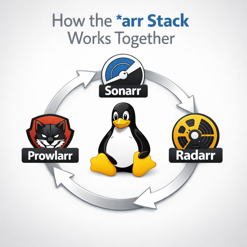 Sonarr, Radarr, and Prowlarr logos arranged in a circular workflow with arrows, surrounding a Linux penguin in the center, showing how the arr stack works together on Linux systems.