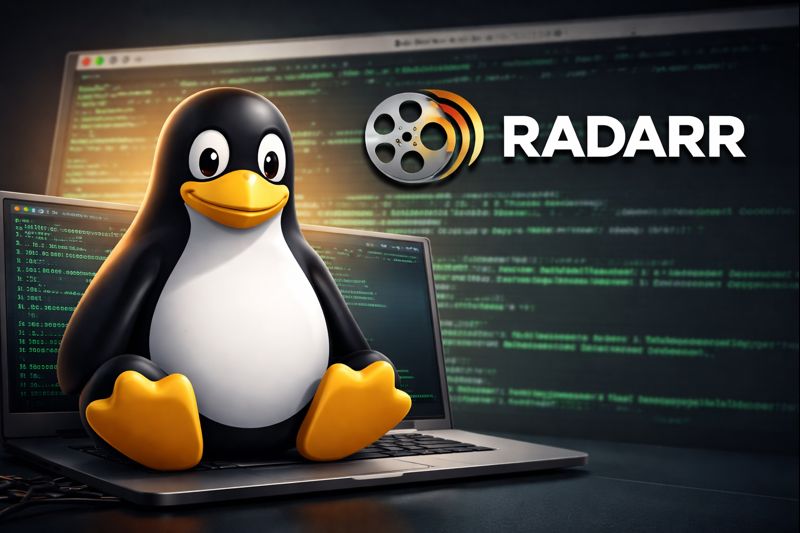 Linux penguin sitting in front of a terminal with the Radarr logo, representing installing Radarr on a Linux system