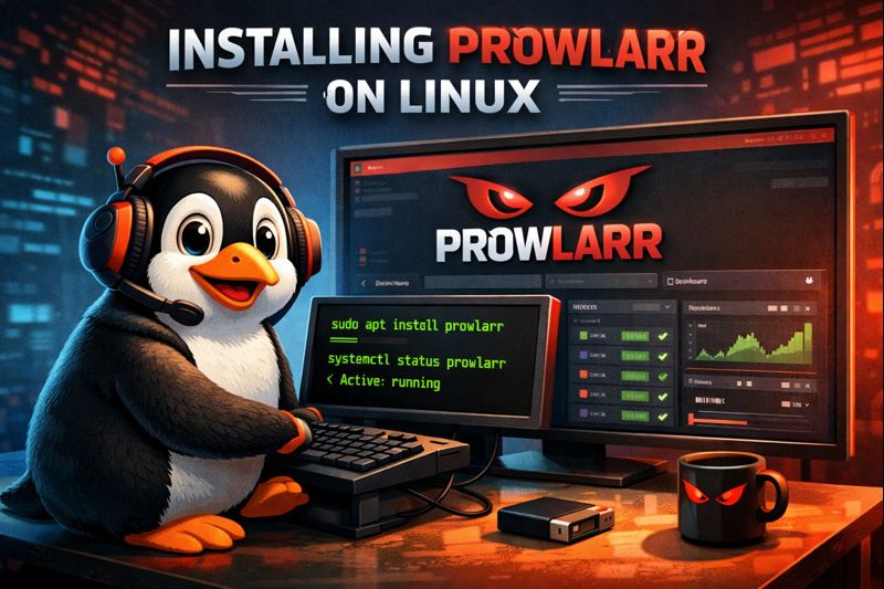Linux penguin using a terminal to install Prowlarr, with the Prowlarr web interface displayed on screen