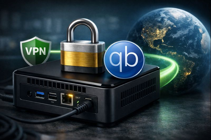 A Linux torrent box secured with a VPN, showing qBittorrent running only through an encrypted VPN connection for safe torrenting