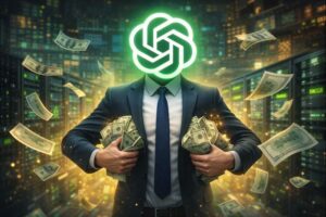 Illustration of an AI figure pulling money from its pockets in a data center, representing how the AI market has effectively unlimited money