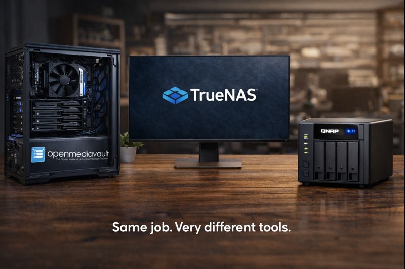 TrueNAS vs OpenMediaVault vs QNAP comparison showing a DIY OpenMediaVault server, TrueNAS interface, and a QNAP prebuilt NAS on a desk